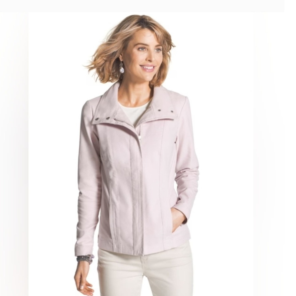 Chicos Women's Pink Full Zip Moto Jacket‎ Snap Tab Collar Casual Size 3 / Large